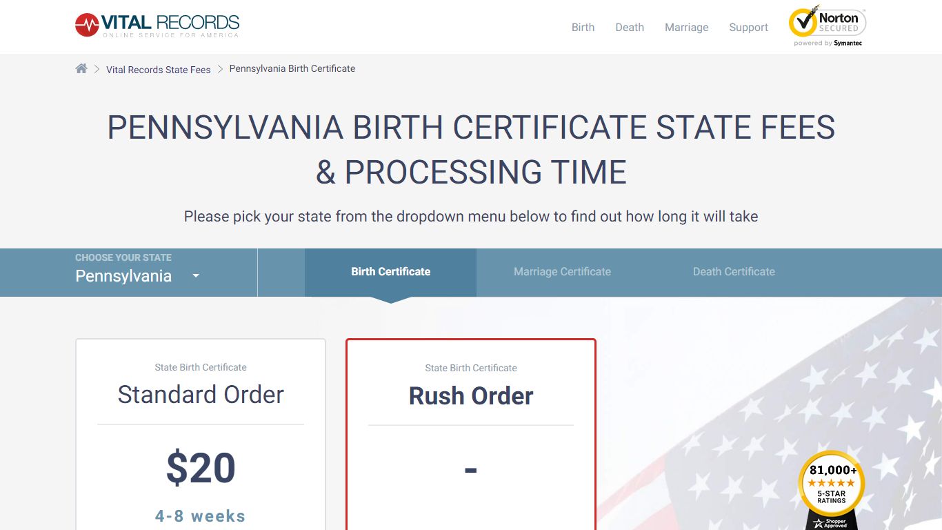 Pennsylvania Birth Certificate State Fees & Processing Time